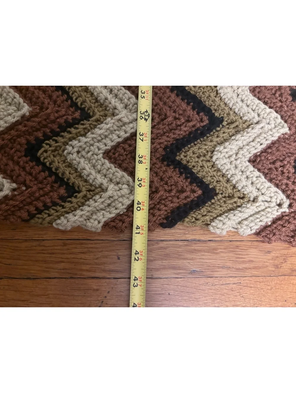 Hand Crocheted Chevron Afghan Throw Blanket Brown Cream Black 64” x 43” Handmade